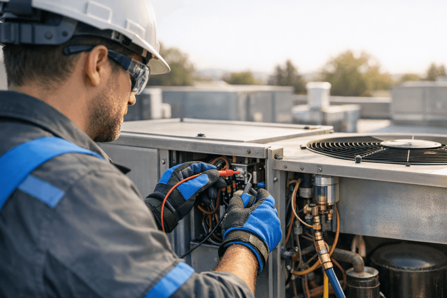 OSHA-compliant HVAC technician adjusting rooftop unit on a clean residential roof