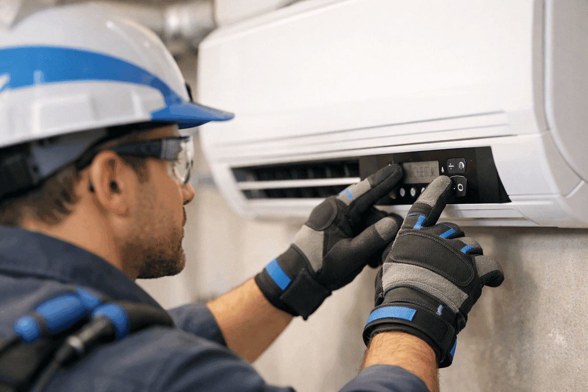 Gloved HVAC technician adjusting air conditioning control panel in mechanical room
