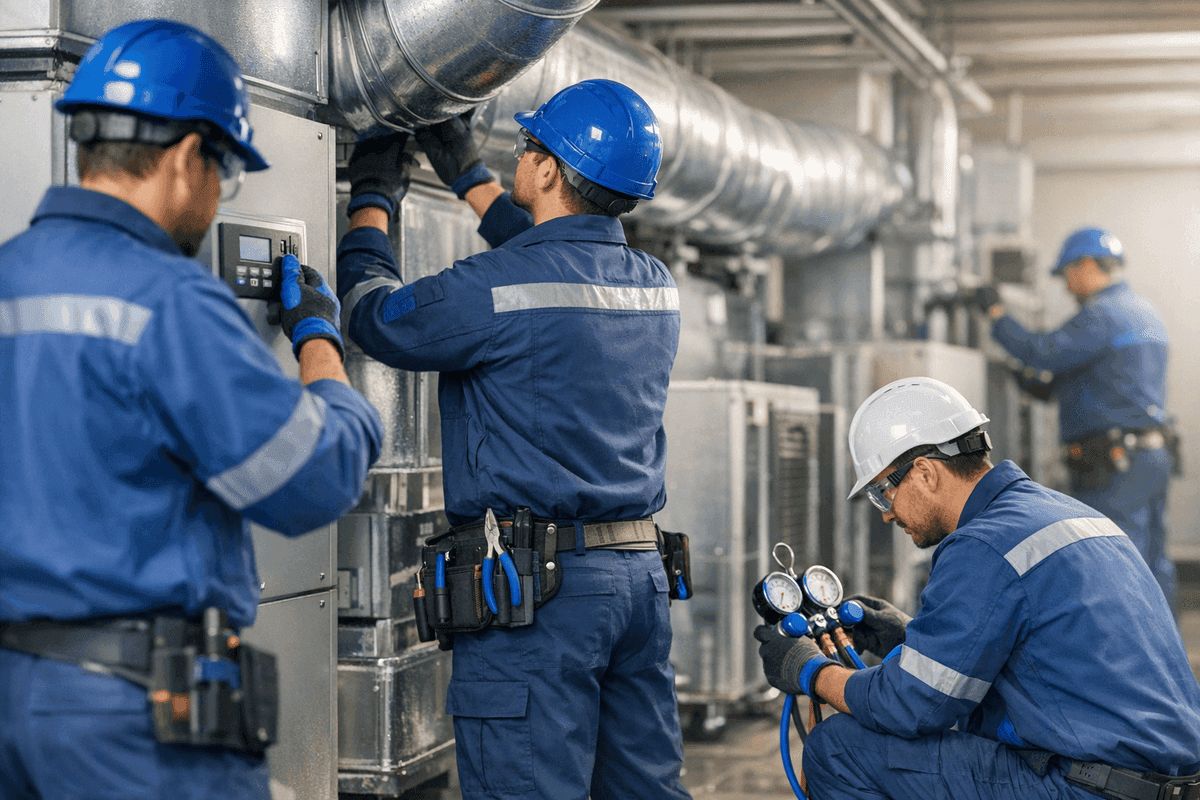 Gloved HVAC technician adjusting air conditioning control panel in mechanical room