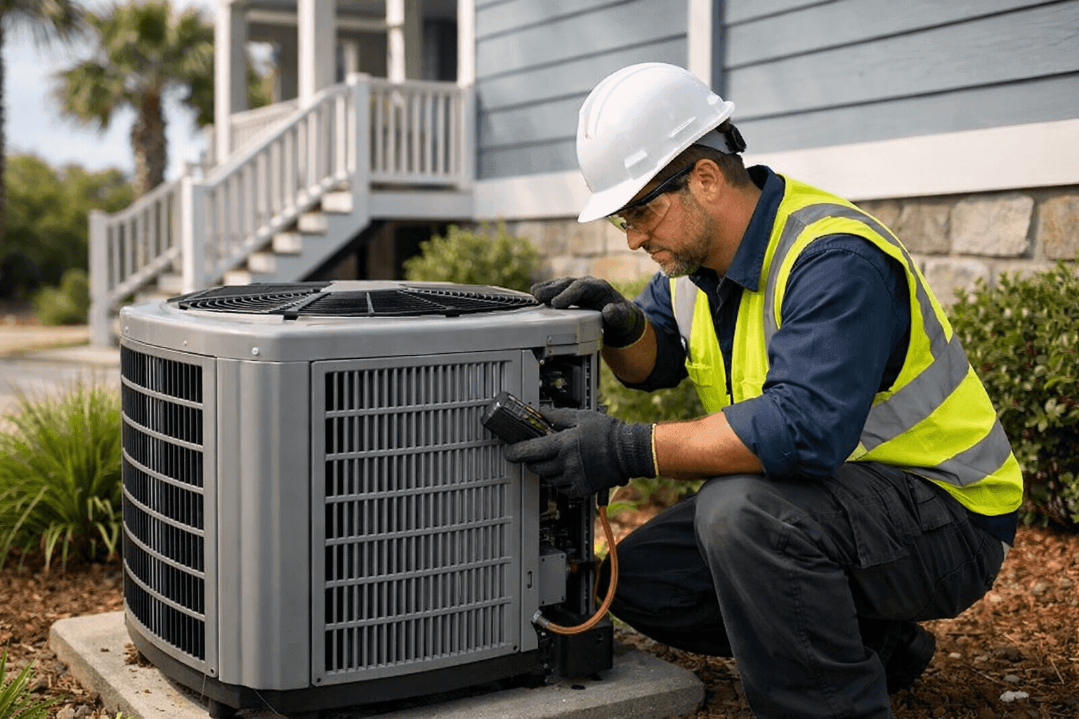 HVAC technician inspecting a central AC unit outside a home in Wilmington, NC