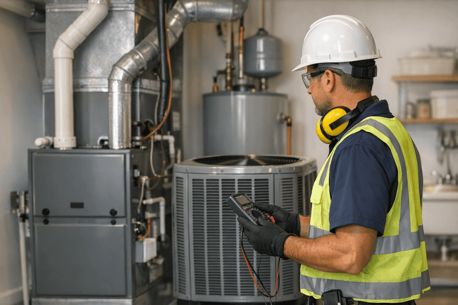 HVAC technician checking a home furnace and air conditioning system in Wilmington, NC